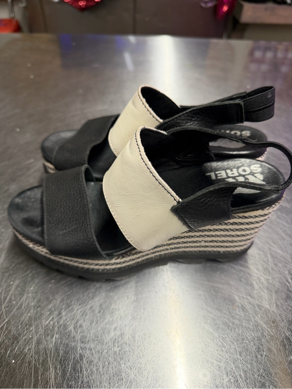 Sorel Black & Cream Espadrille Wedge Sandals
